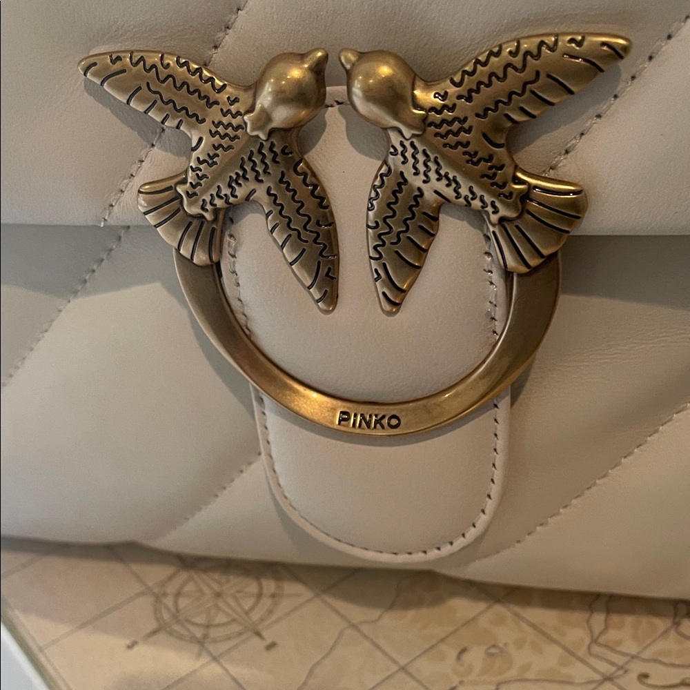 Pinko cream leather shoulder bag with gold Love Birds hardware